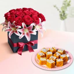 Moong Dal Burfi with Designer Flower Arrangement 1