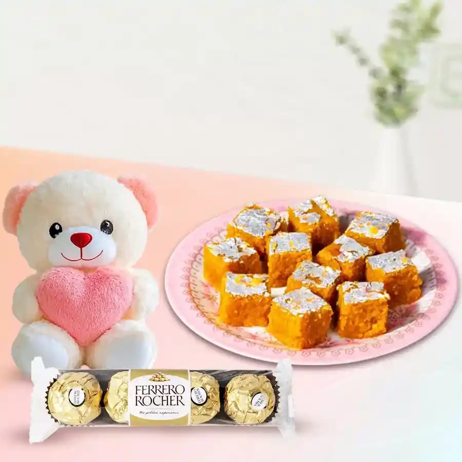 Moong Dal Burfi with Teddy N Ferrero Rocher Chocolate Pack