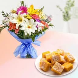 Coconut Burfi with Seasonal Flower Bouquet 1