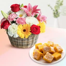 Coconut Burfi with Mixed Flower Arrangement 1