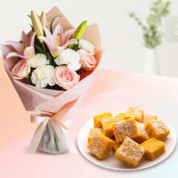 Coconut Burfi with Flowers Bouquet 1