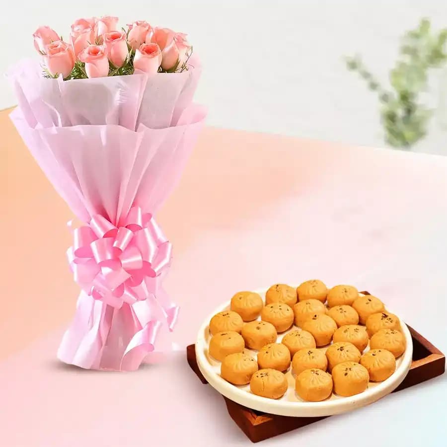 Mathura Peda with Pink Rose Bouquet