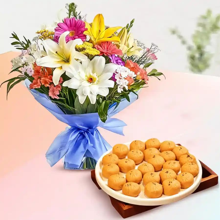 Mathura Peda with Seasonal Flower Bouquet