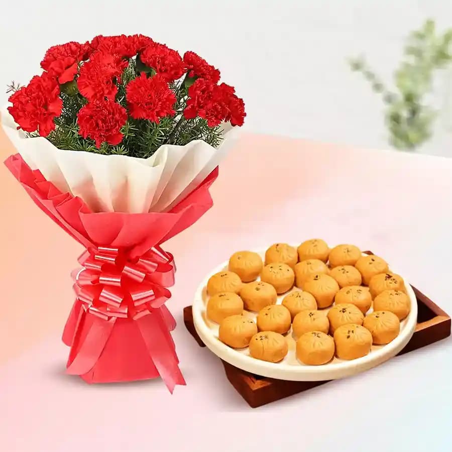 Mathura Peda with Red Carnation Tissue Wrapped Bouquet