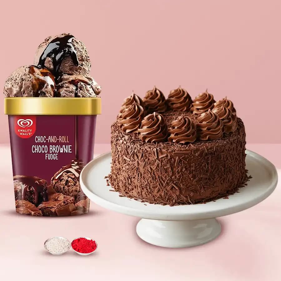 Delectable Chocolate Cake n Kwality Walls Chocolate Fudge Ice Cream