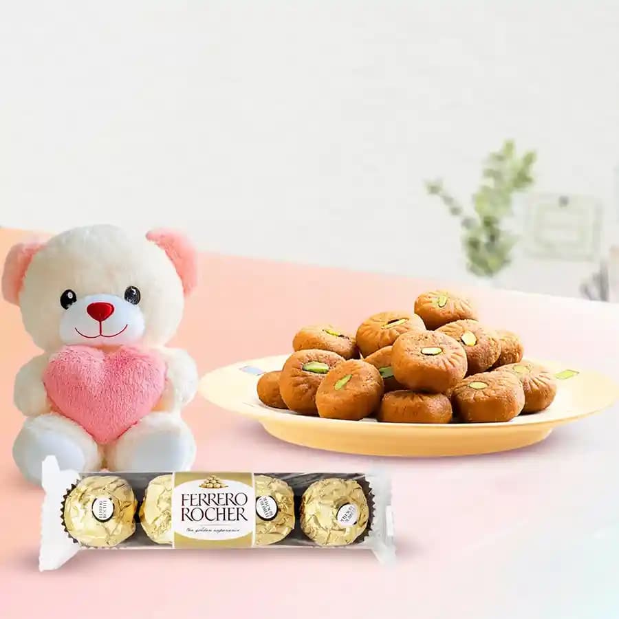 Mathura Peda with Teddy N Ferrero Rocher Chocolate Pack