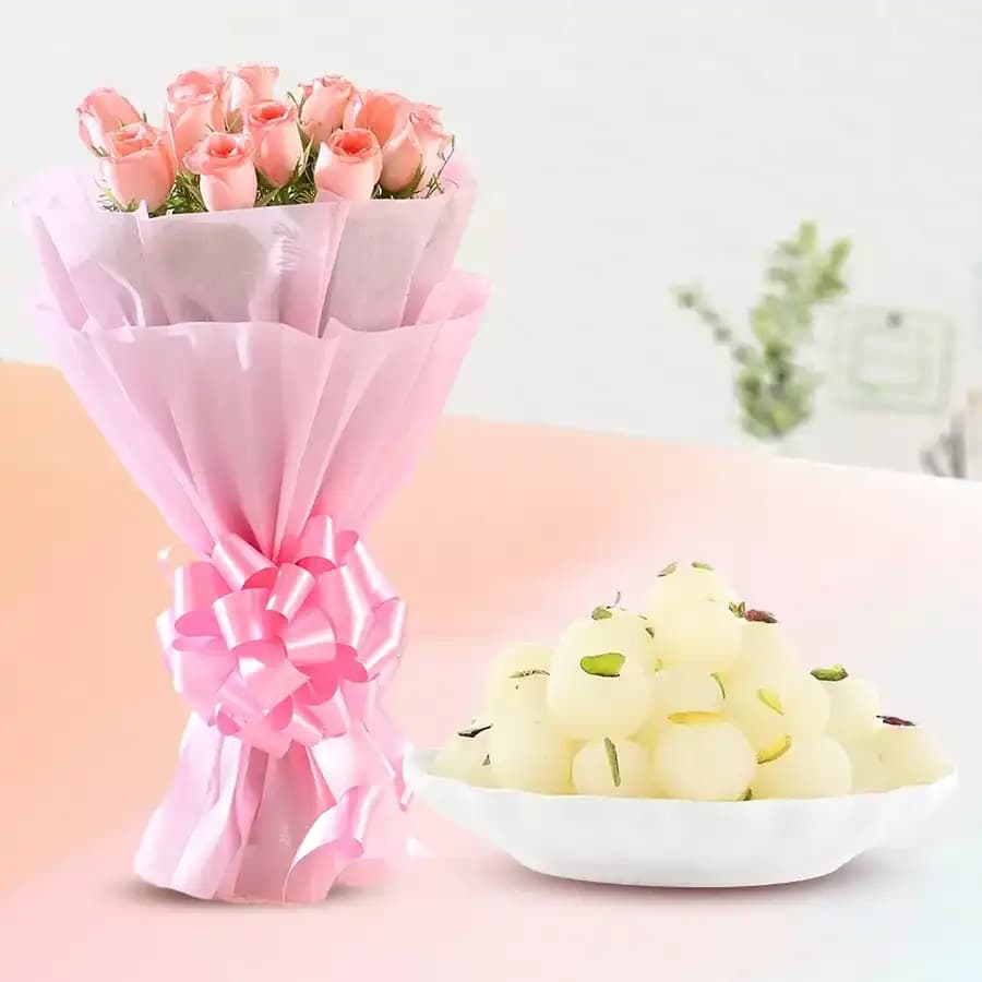 Rashbhari with Pink Rose Bouquet