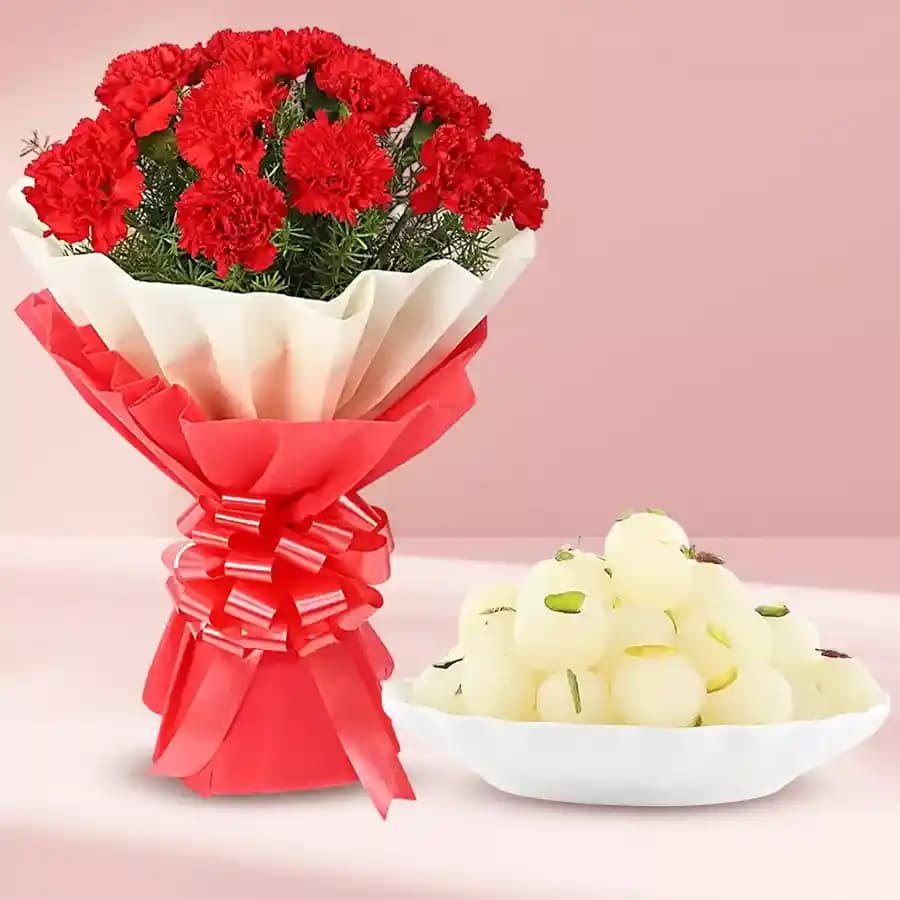 Rashbhari with Red Carnation Tissue Wrapped Bouquet