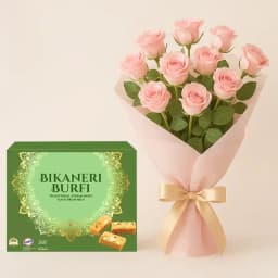Bikaneri Burfi with Pink Rose Bouquet 1