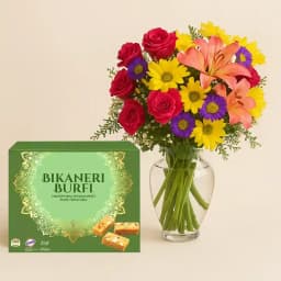 Bikaneri Burfi with Mixed Flower Arrangement 1