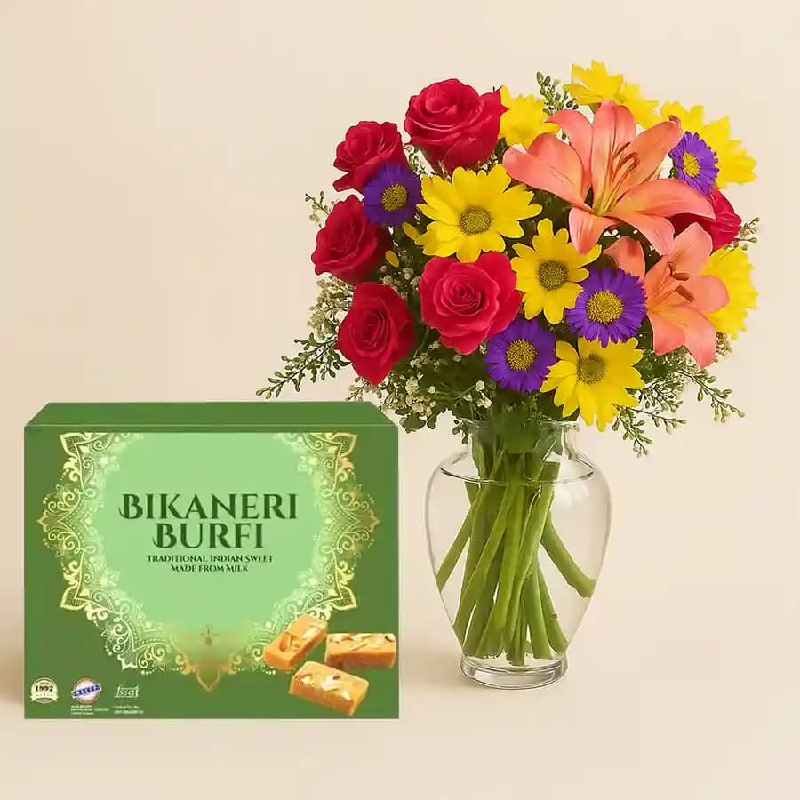 Bikaneri Burfi with Mixed Flower Arrangement