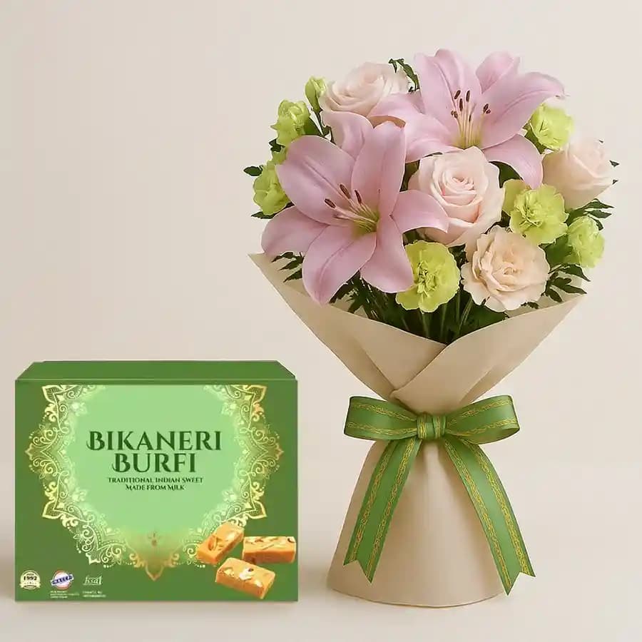 Bikaneri Burfi with Flowers Bouquet