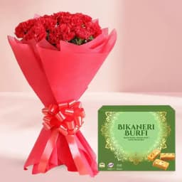 Basking in Glory - Bikaneri Burfi with Red Carnation Bouquet 1