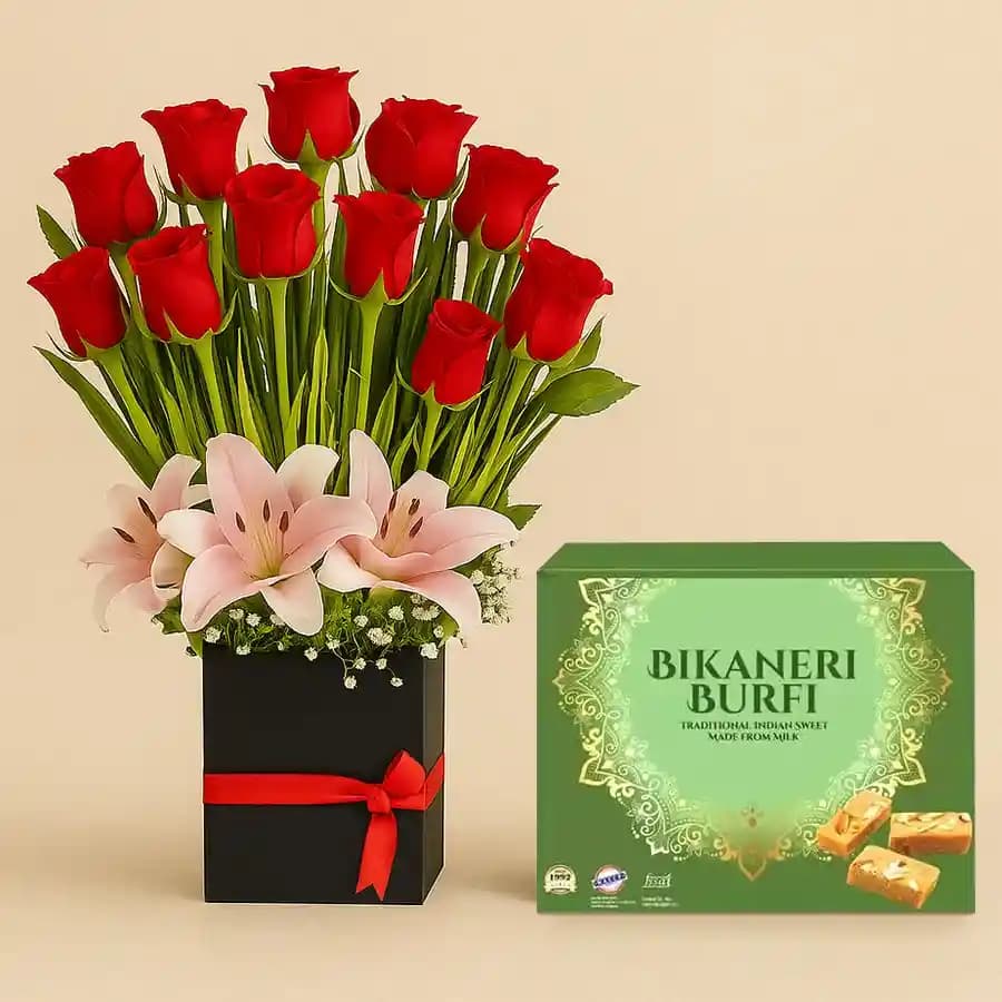 Bikaneri Burfi with Designer Flower Arrangement