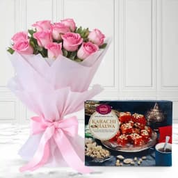 Karachi Halwa with Pink Rose Bouquet 1