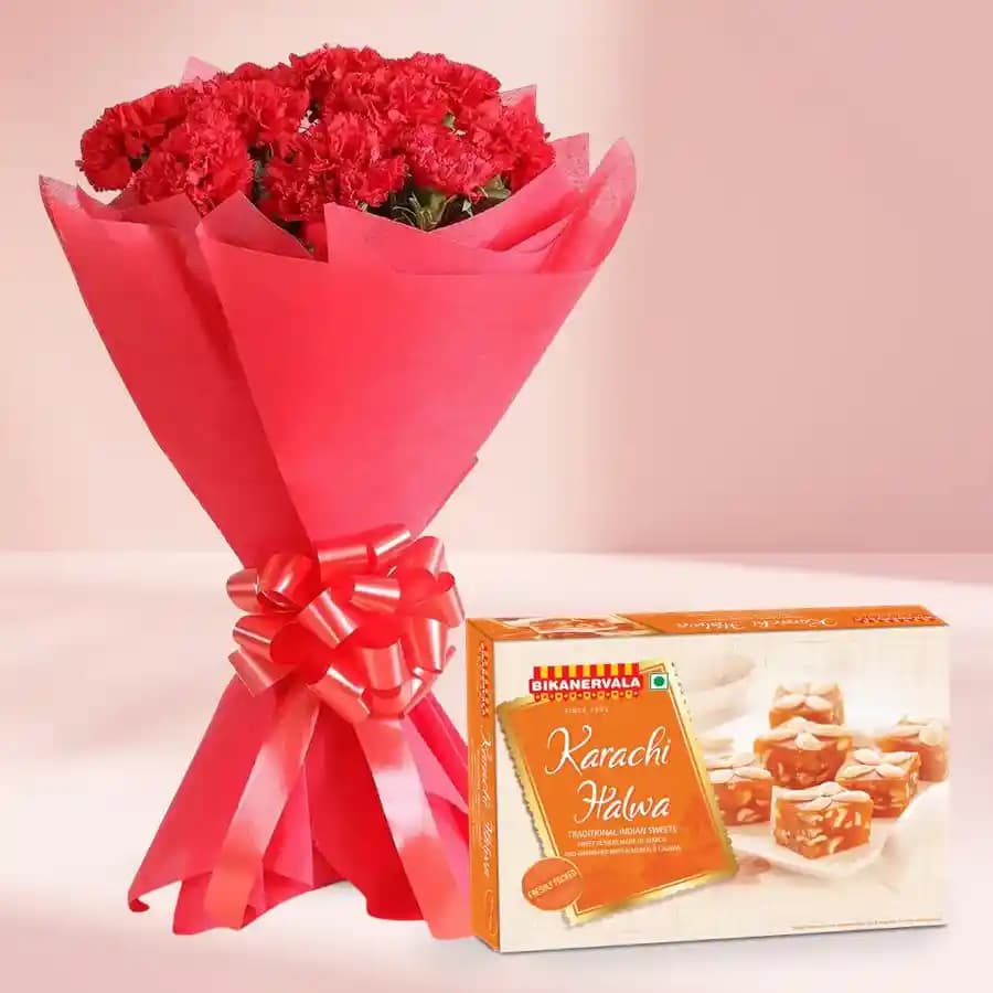 Karachi Halwa with Red Carnation Bouquet