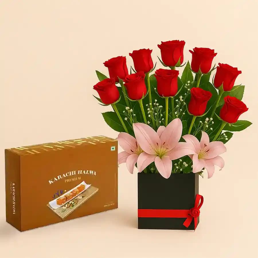 Karachi Halwa with Designer Flower Arrangement