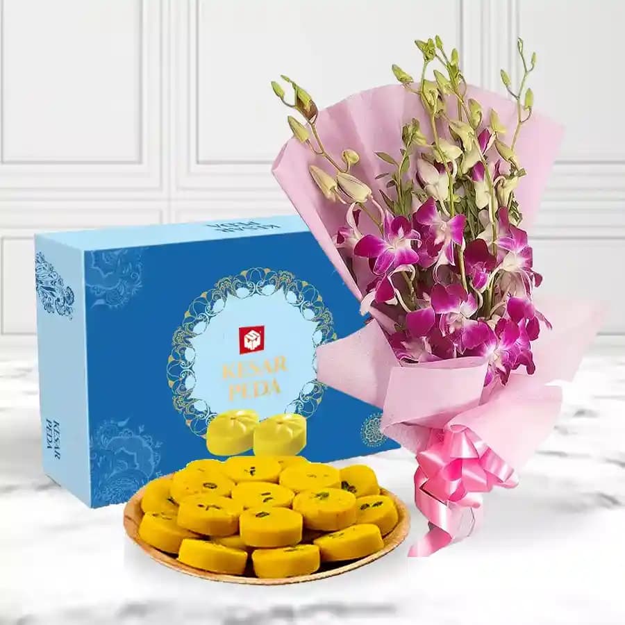 Saffron Delight Peda with Elegant Orchid Bouquet