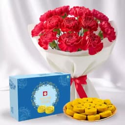 Divine Kesar Mewa Peda with Elegant Red Carnations 1