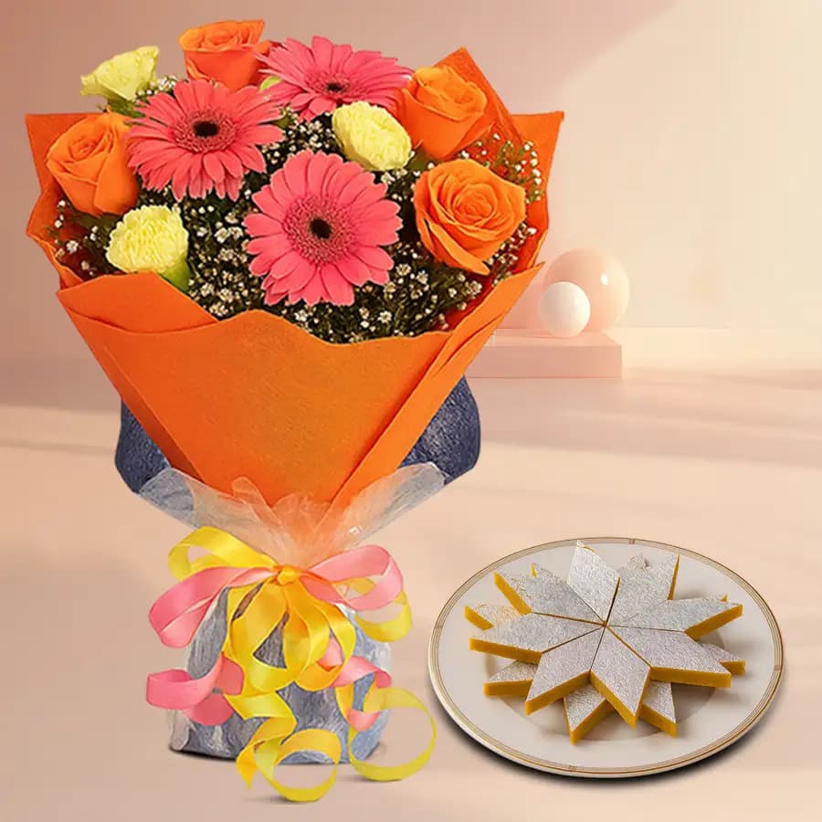 Saffron Cashew Delight with Floral Arrangement