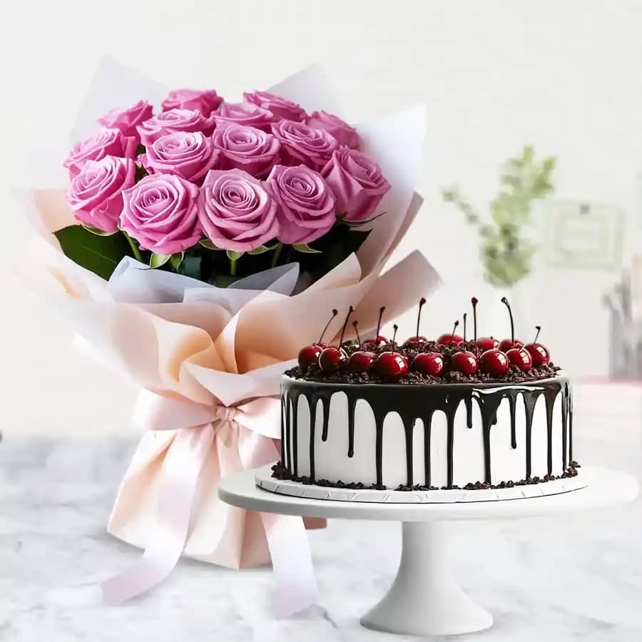 Pink Rose Bouquet with Black Forest Cake