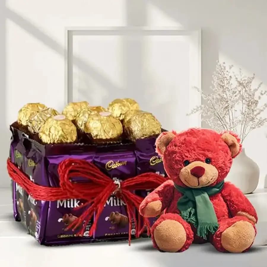 Enchanting Ferrero Rocher N Dairy Milk Vase with Teddy