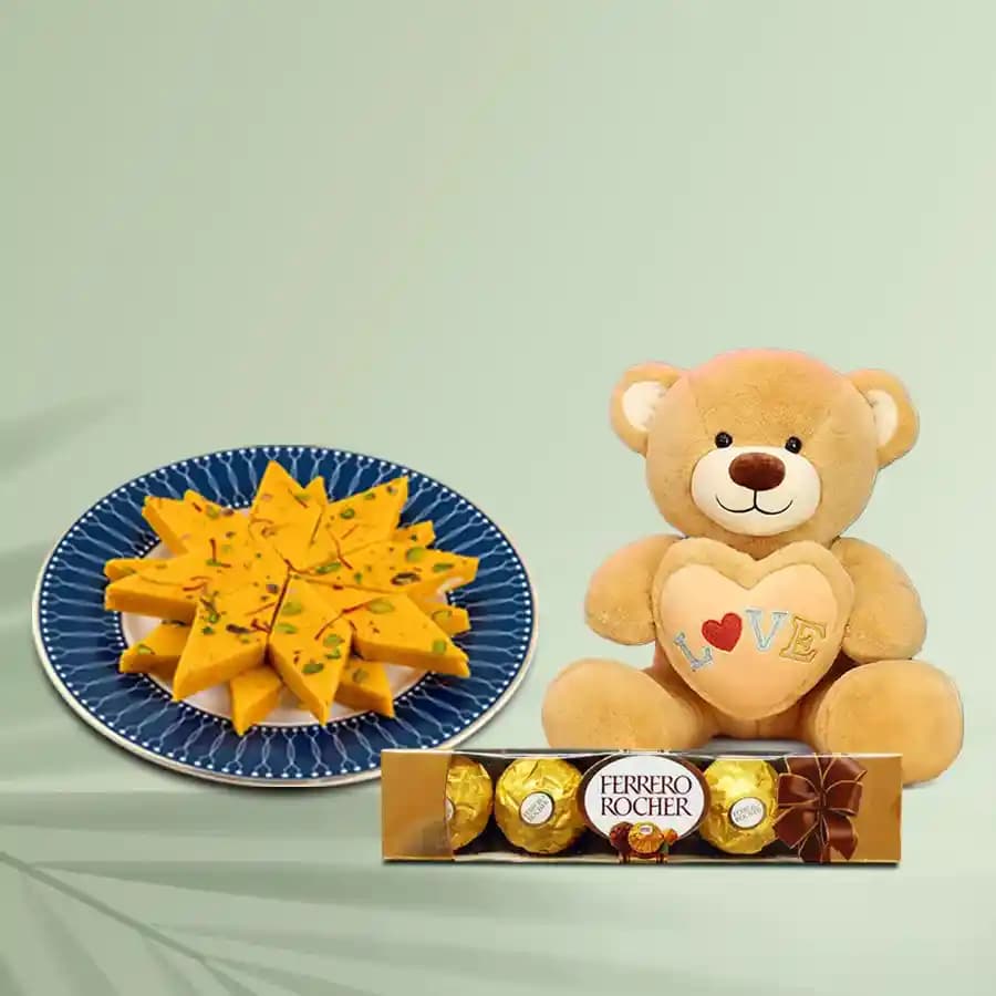 Charming Delight: Kaju Katli with Cuddle Buddy & Treats