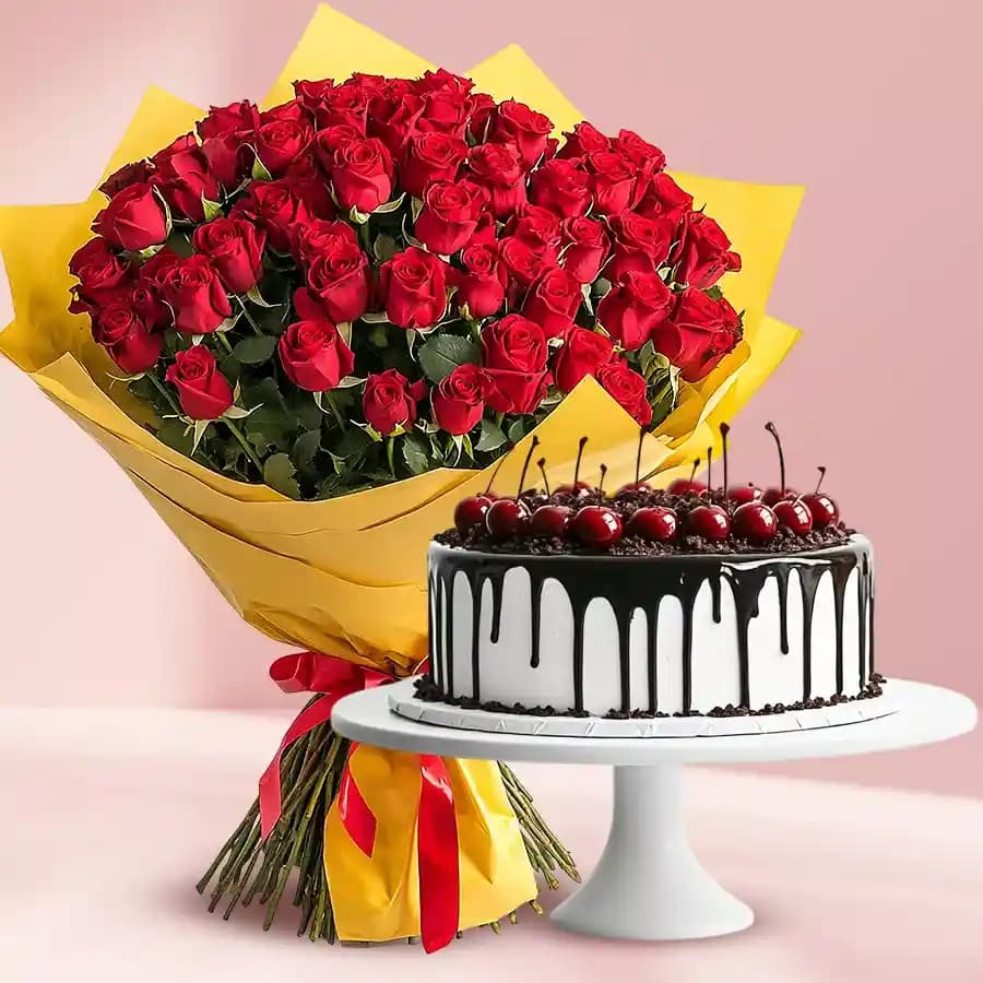 Red Roses with Black Forest Cake
