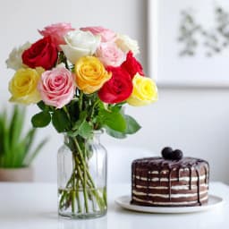 Mixed Roses Arranged in a Glass vase with Chocolate Cake 1