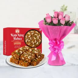 Delightful Kaju King Halwa with Elegant Pink Rose Bouquet 1