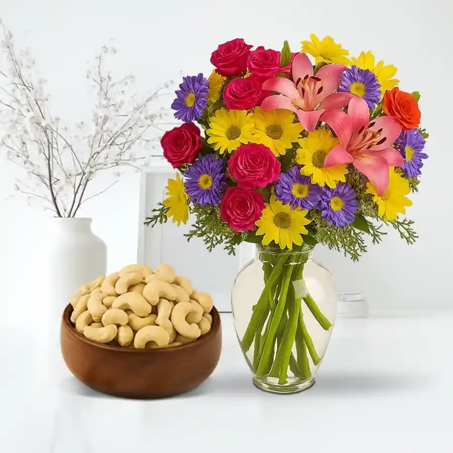 Kaju King from Shree Mithai with Mixed Flower Arrangement