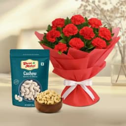 Kaju King from Shree Mithai with Red Carnation Tissue Wrapped Bouquet 1
