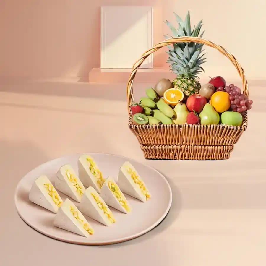 Kaju King from Shree Mithai with Fresh Fruit Basket
