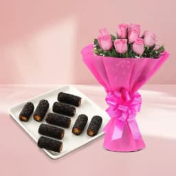 Kaju Choco Roll from Shree Mithai with Pink Rose Bouquet 1