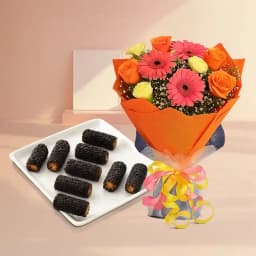 Kaju Choco Roll from Shree Mithai with Seasonal Flower Bouquet 1