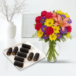 Kaju Choco Roll from Shree Mithai with Mixed Flower Arrangement 1