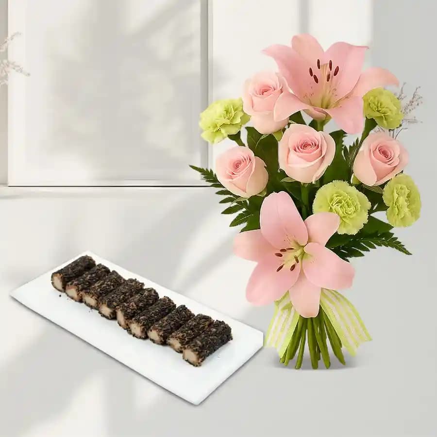 Kaju Choco Roll from Shree Mithai with Flowers Bouquet