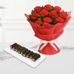 Kaju Choco Roll from Shree Mithai with Red Carnation Tissue Wrapped Bouquet 1