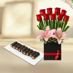 Kaju Choco Roll from Shree Mithai with a Designer Flower Arrangement 1