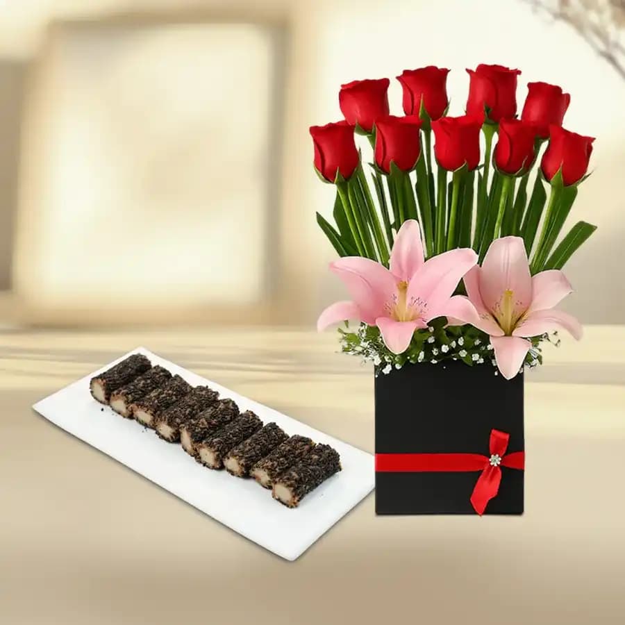 Kaju Choco Roll from Shree Mithai with a Designer Flower Arrangement