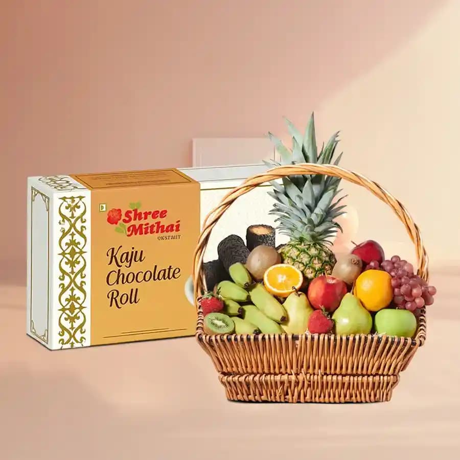 Kaju Choco Roll from Shree Mithai with Fresh Fruit Basket