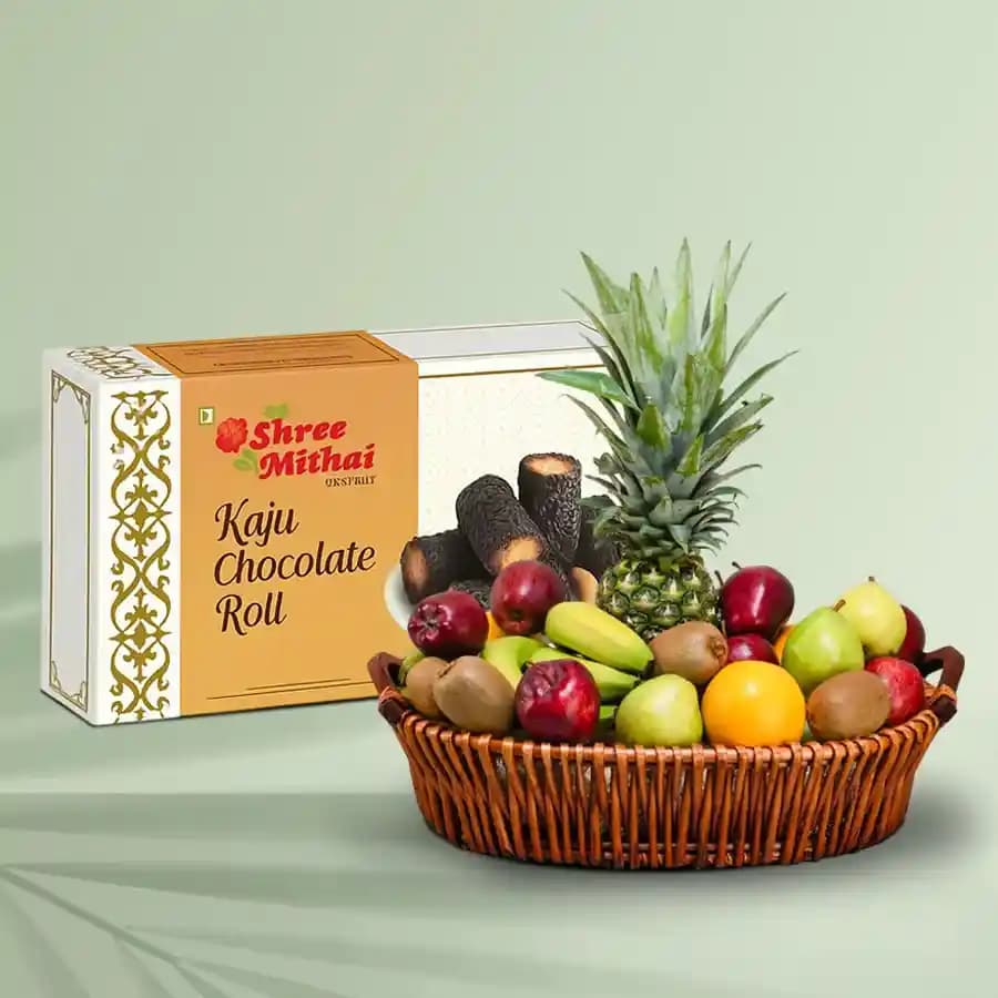 Kaju Choco Roll from Shree Mithai with Fresh Fruit Basket
