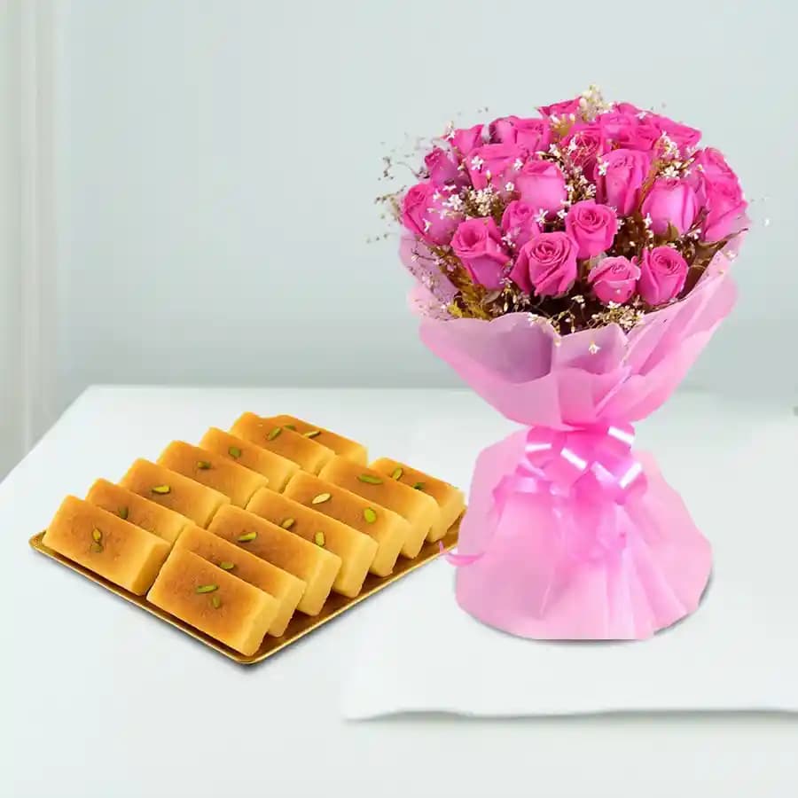 Milk Cake from Shree Mithai with Pink Rose Bouquet