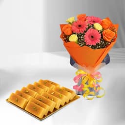 Milk Cake from Shree Mithai with Seasonal Flower Bouquet 1