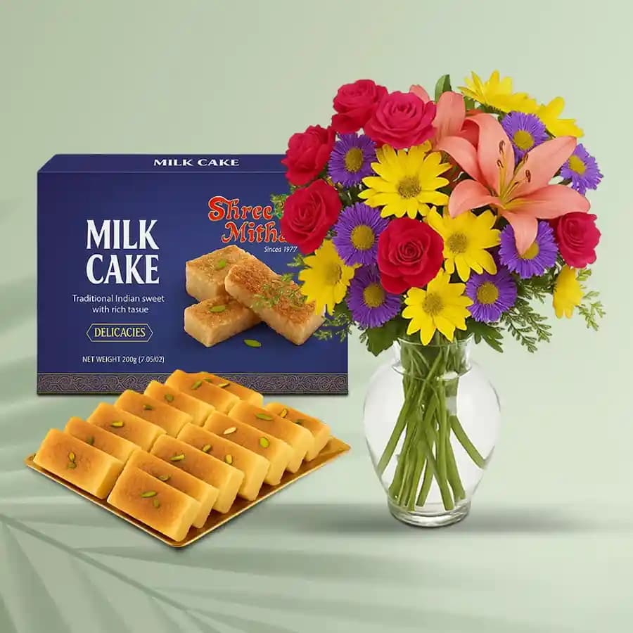 Milk Cake from Shree Mithai with Mixed Flower Arrangement