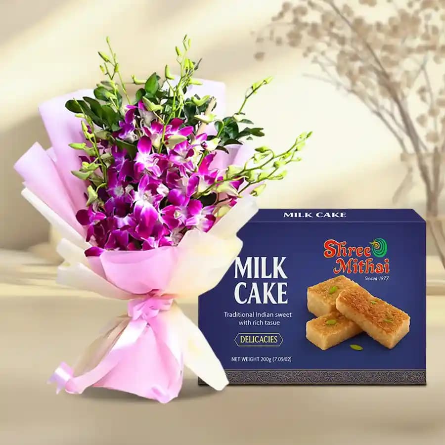Milk Cake from Shree Mithai with Orchid Bouquet