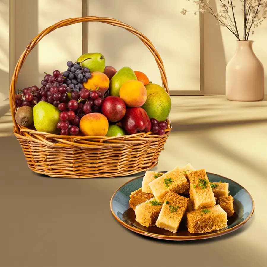 Milk Cake from Shree Mithai with Fresh Fruit Basket