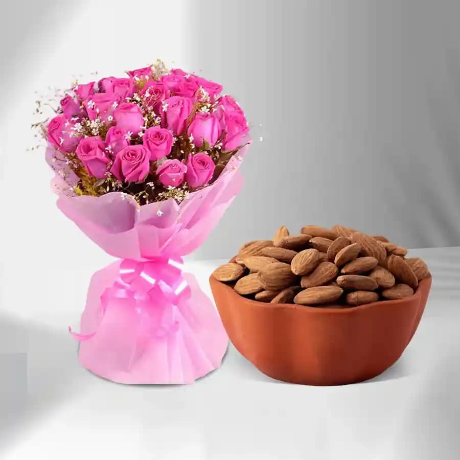 Royal Almond Treat from Shree Mithai with Pink Rose Bouquet