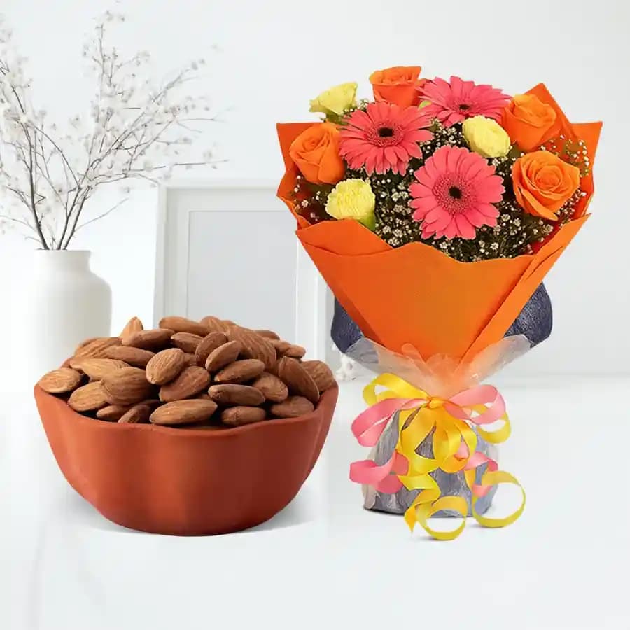 Royal Almond Treat from Shree Mithai with Seasonal Flower Bouquet