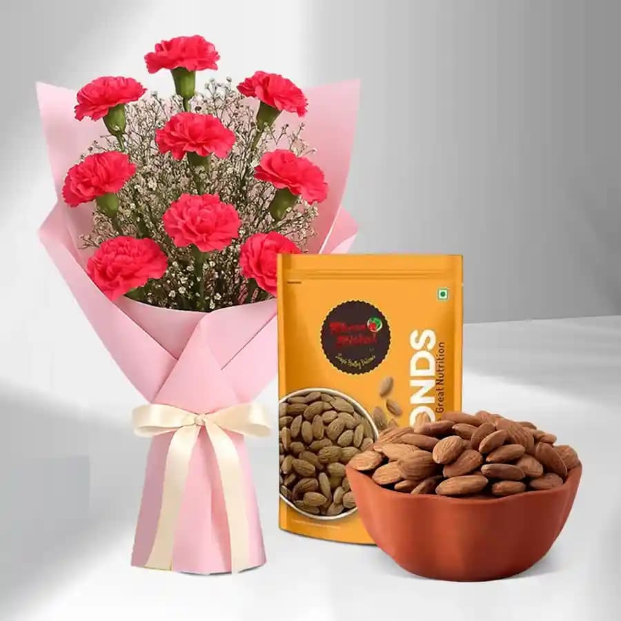 Royal Almond Treat from Shree Mithai with Red Carnation Tissue Wrapped Bouquet